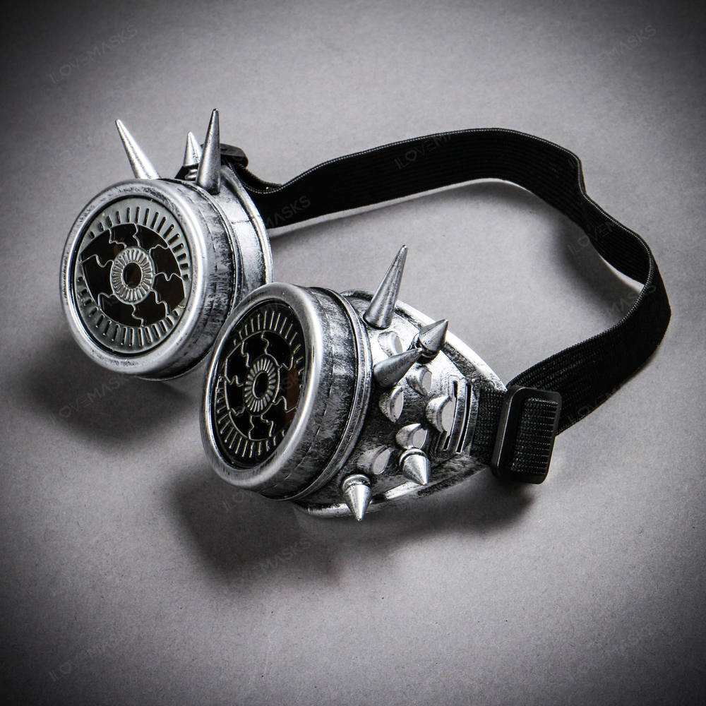 Steampunk Spikes Goggles With Evil Eyes Dark Lens - Metallic Silver - Picture 3 of 5